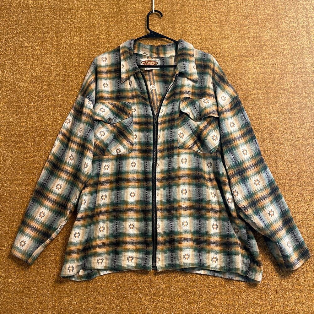 Paragraff Green Orange Plaid L Men's Zip Flannel Shirt VTG Southwestern Aztec